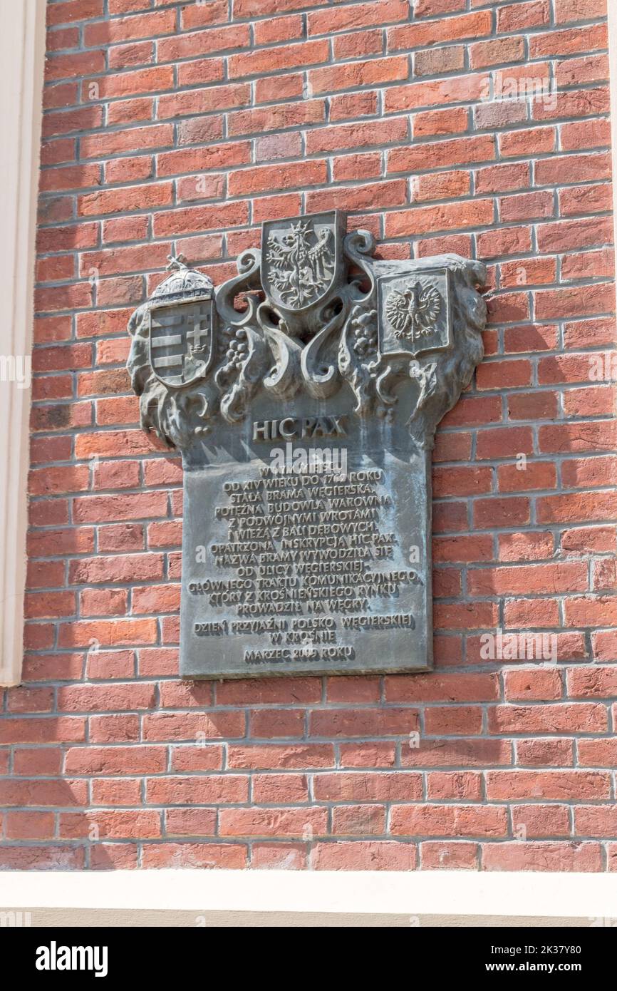 Krosno, Poland - June 12, 2022: Plaque commemorating the Hungarian Gate Hic Pax. Stock Photo
