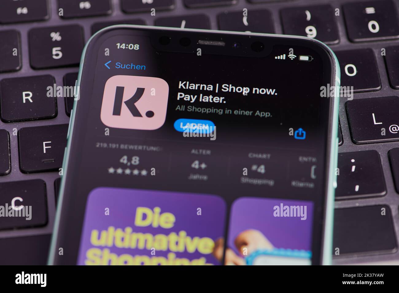 Mainz, Germany - September 25, 2022: App Icon Of The Klarna App In The App Store On The IPhone Mobile Screen. Stock Photo