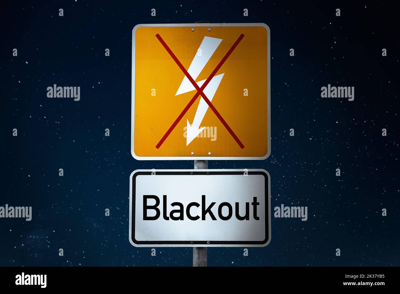 Sign At Night With The Inscription: Blackout, Black Out, Power Outage PHOTOMONTAGE Stock Photo