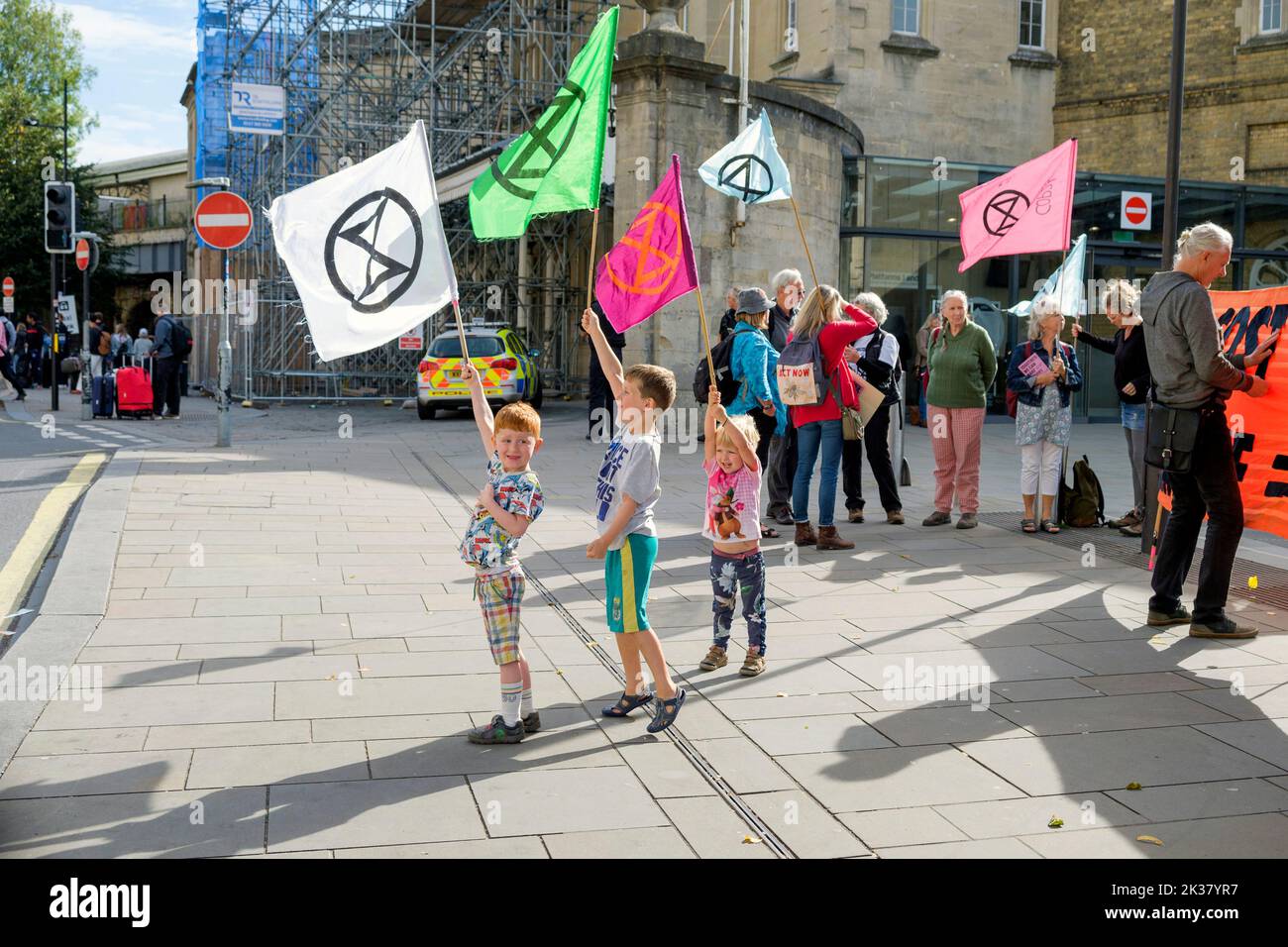 Bath, UK. 25th Sep, 2022. With PM Liz Truss signalling an acceleration of oil and gas extraction in the UK climate change protesters are pictured as they take part in a protest march through the centre of Bath. The protest organised by Extinction Rebellion was held in order to highlight how the cost of living crisis and the climate crisis are interlinked. Credit: Lynchpics/Alamy Live News Stock Photo