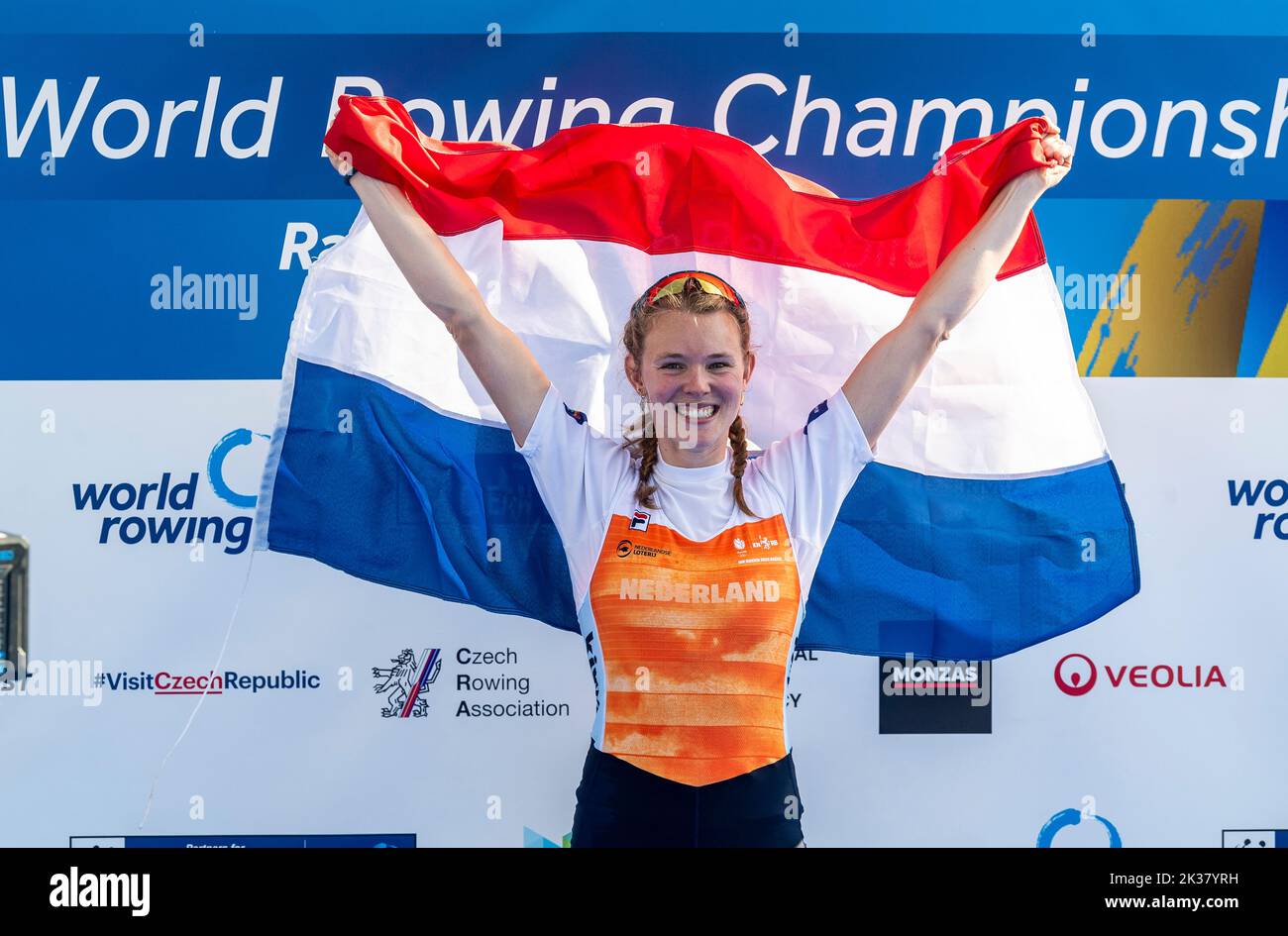 Racice, Czech Republic. 25th Sep, 2022. Karolien Florijn of Netherlands won the Women's Single Sculls Final A during Day 8 of the 2022 World Rowing Championships at the Labe Arena Racice on September 25, 2022 in Racice, Czech Republic. Credit: Ondrej Hajek/CTK Photo/Alamy Live News Stock Photo