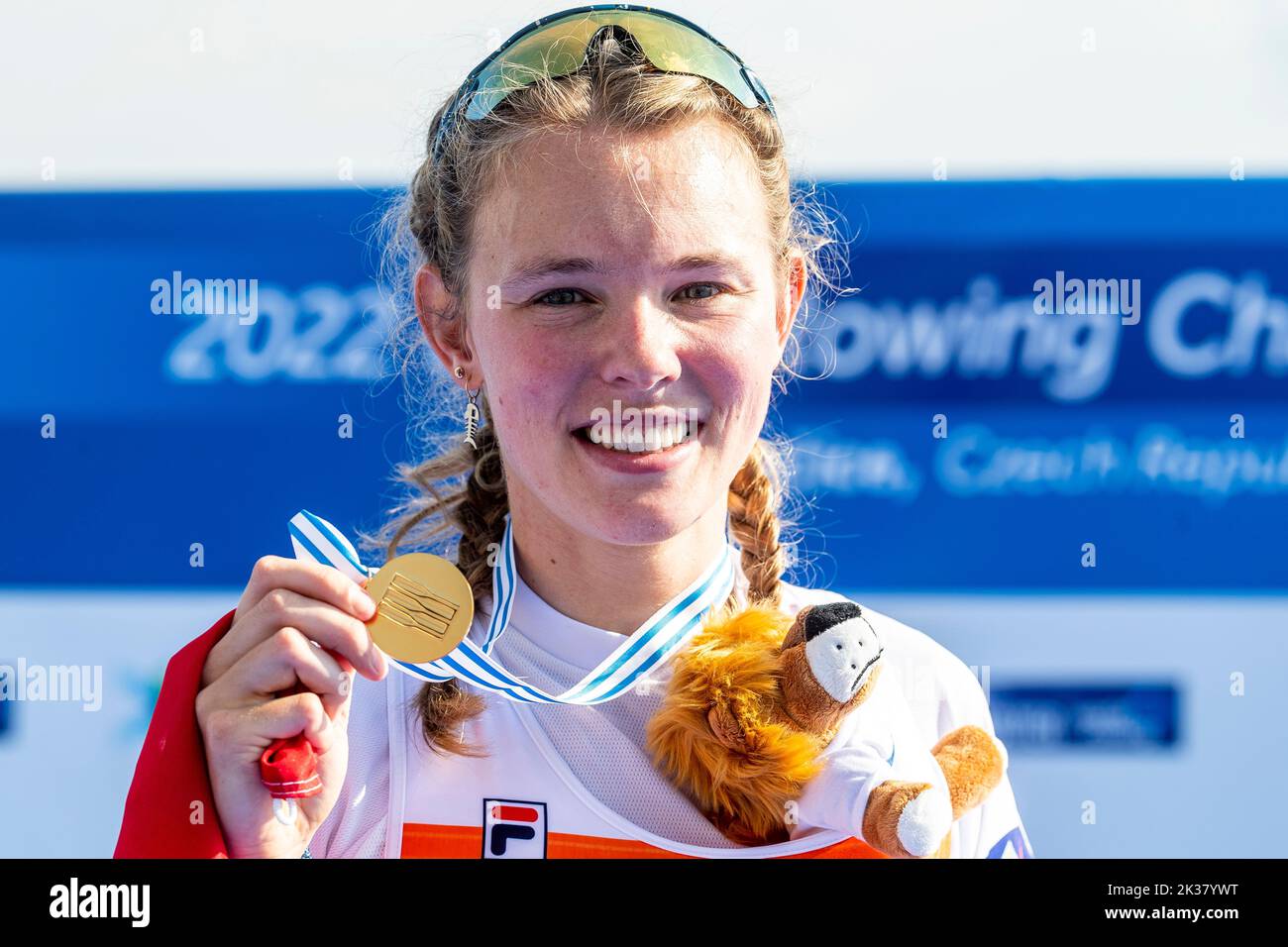 Racice, Czech Republic. 25th Sep, 2022. Karolien Florijn of Netherlands won the Women's Single Sculls Final A during Day 8 of the 2022 World Rowing Championships at the Labe Arena Racice on September 25, 2022 in Racice, Czech Republic. Credit: Ondrej Hajek/CTK Photo/Alamy Live News Stock Photo