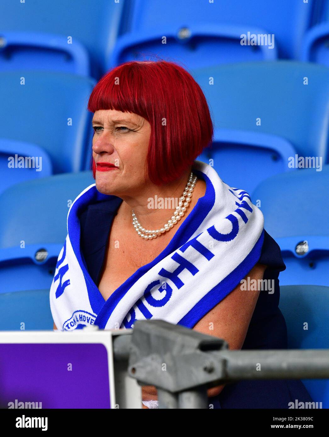 Brighton And Hove, UK. 25th Sep, 2022. A Brighton and Hove Albion fan looking rather dapper during the FA Women's Super League match between Brighton & Hove Albion Women and Reading Women at American Express Community Stadium on September 25th 2022 in Brighton and Hove, United Kingdom. (Photo by Jeff Mood/phcimages.com) Credit: PHC Images/Alamy Live News Stock Photo