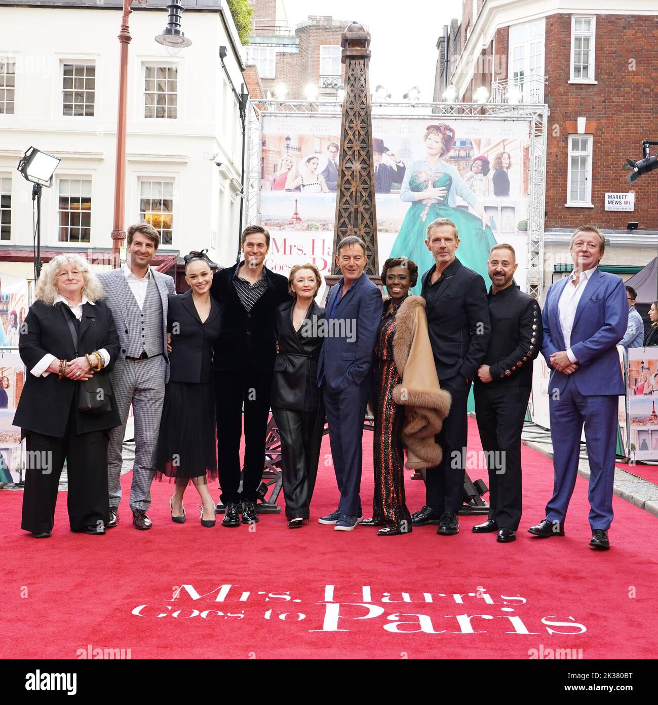 (left to right) Jenny Beavan, Guillaume Benski, Rose Williams, Lucas Bravo, Lesley Manville, Jason Isaacs, Ellen Thomas, Lambert Wilson, Anthony Fabian and Xavier Marchand attend the UK premiere of Mrs Harris Goes to Paris at the Curzon Mayfair, London. Picture date: Sunday September 25, 2022. Stock Photo