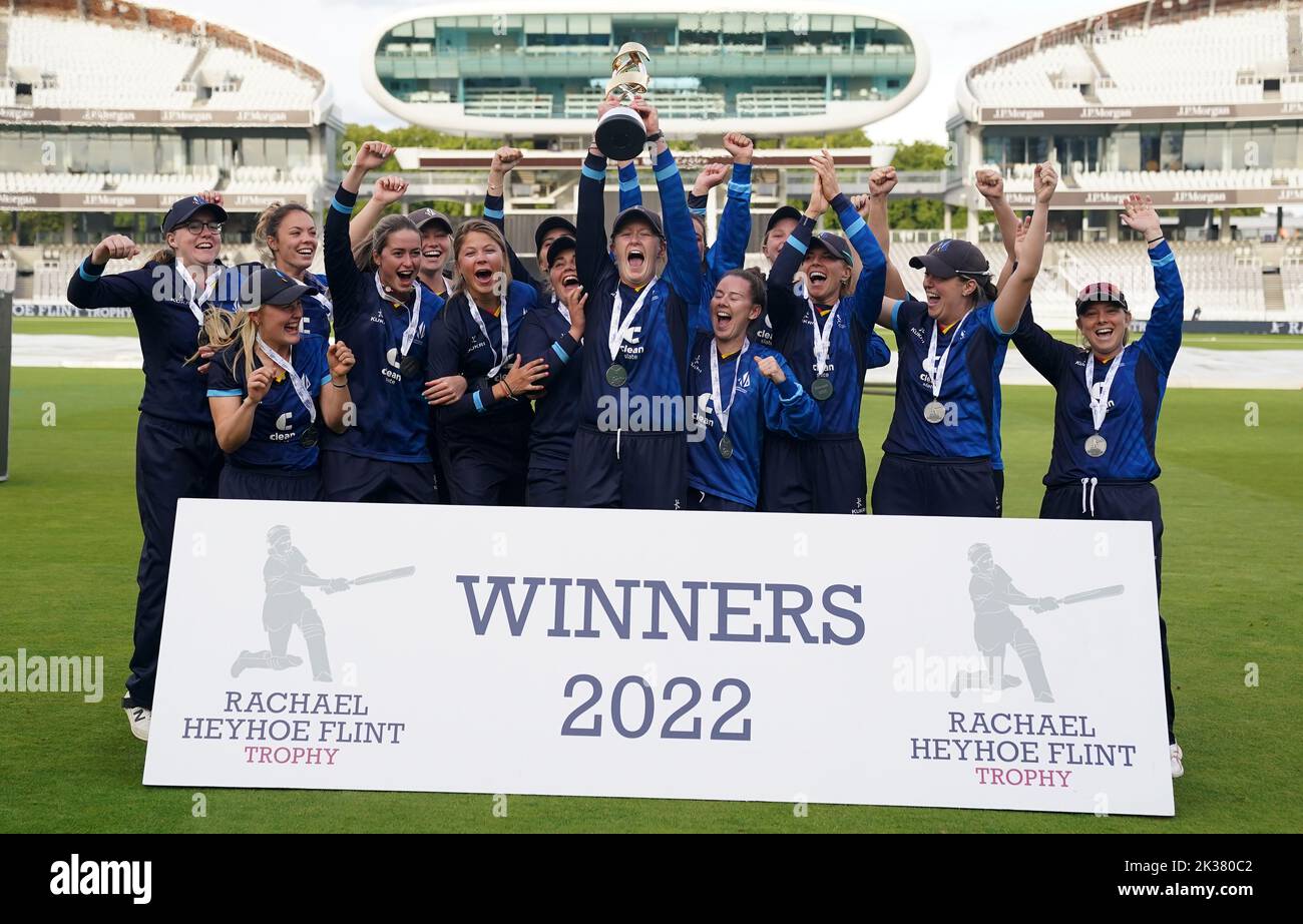 Northern Diamonds' Hollie Armitage lift the Rachael Heyhoe Flint Trophy after they won the Final at Lord's, London. Picture date: Sunday September 25, 2022. Stock Photo