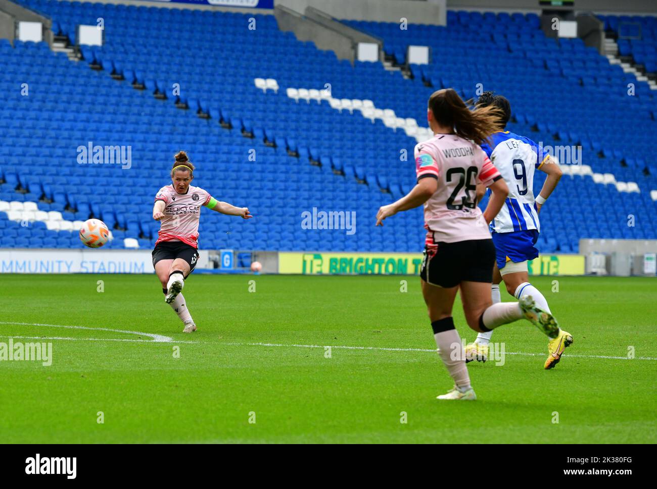 Brighton And Hove, UK. 25th Sep, 2022. Emma Mukandi of Reading takes a shot on goal during the FA Women's Super League match between Brighton & Hove Albion Women and Reading Women at American Express Community Stadium on September 25th 2022 in Brighton and Hove, United Kingdom. (Photo by Jeff Mood/phcimages.com) Credit: PHC Images/Alamy Live News Stock Photo