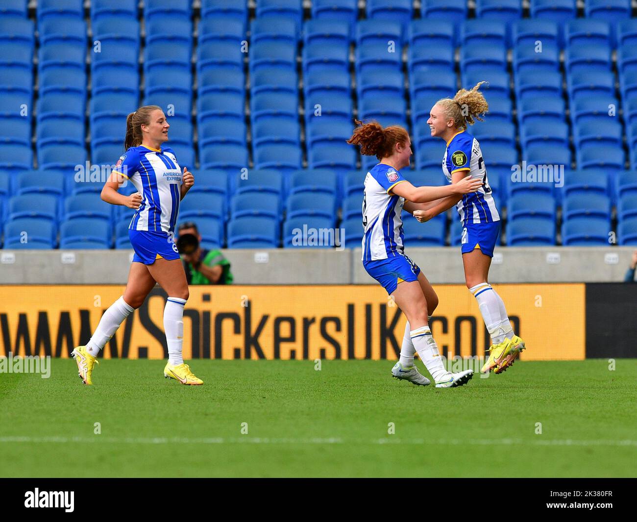 Brighton And Hove, UK. 25th Sep, 2022. Katie Robinson of Brighton and Hove Albion celebrates scoring during the FA Women's Super League match between Brighton & Hove Albion Women and Reading Women at American Express Community Stadium on September 25th 2022 in Brighton and Hove, United Kingdom. (Photo by Jeff Mood/phcimages.com) Credit: PHC Images/Alamy Live News Stock Photo