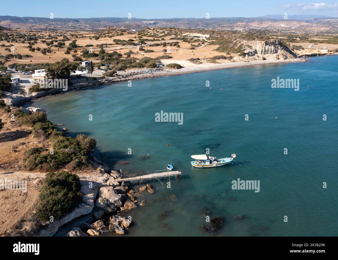 Aerial view of a fishing boat moored in Avdimou Bay, Limassol district Cyprus. Stock Photo