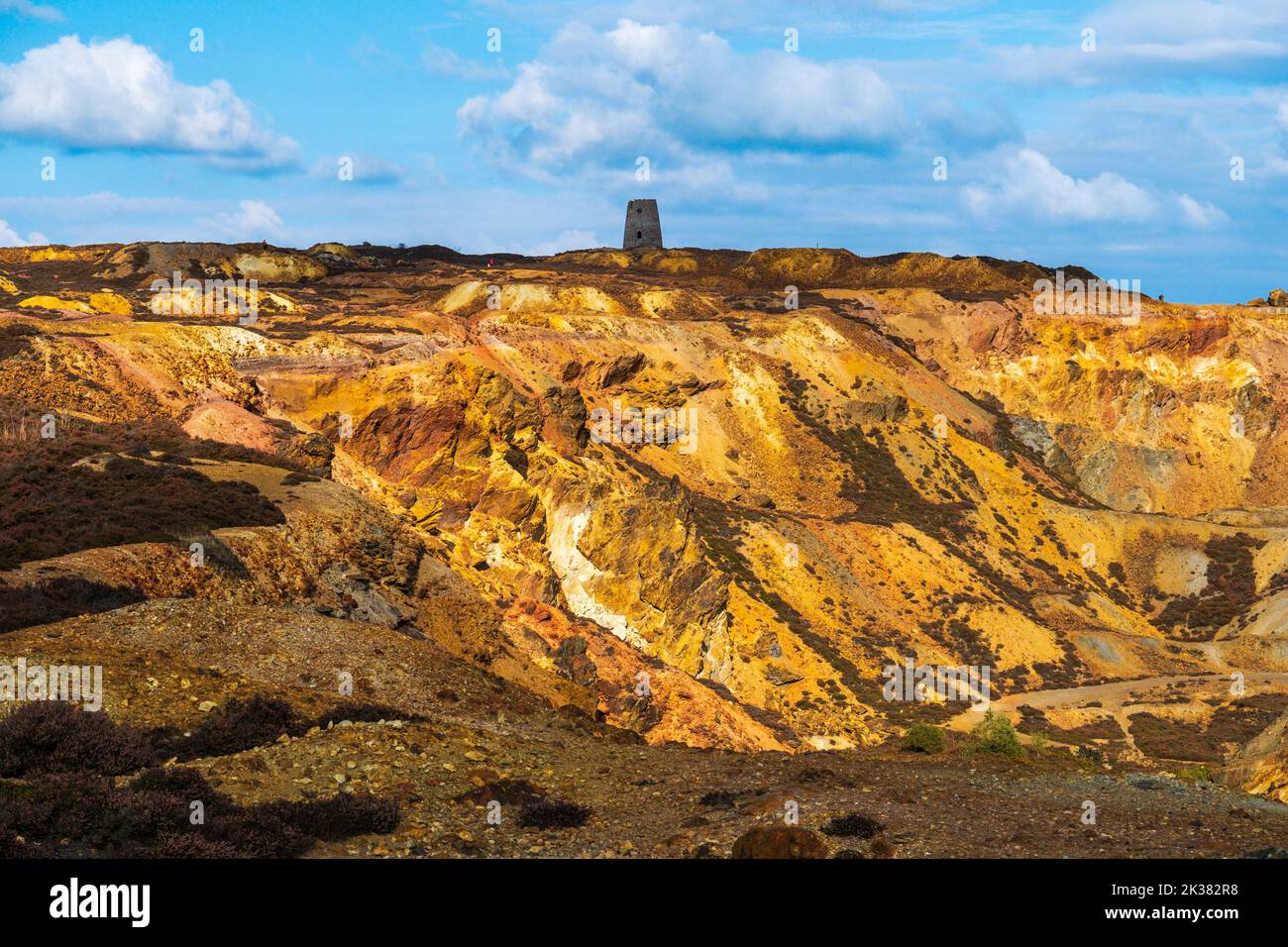 Parys Mountain, also known as Copper Mountain, near Amlwch in Anglesey, Wales. The former copper mine is a popular tourist attraction Stock Photo
