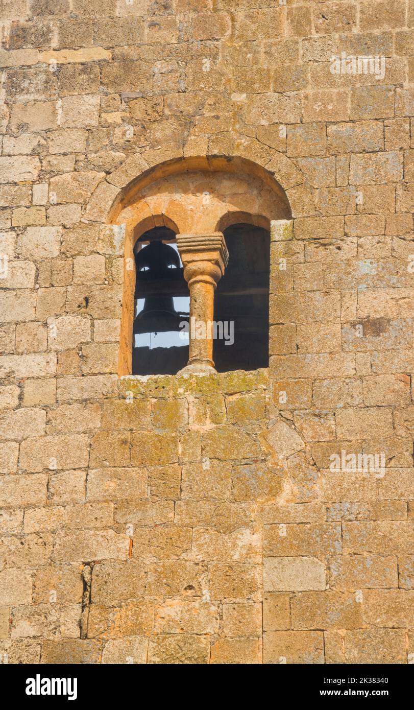 Bell tower, close view. Romanesque church, Navares de Ayuso, Segovia province, Castilla Leon, Spain. Stock Photo