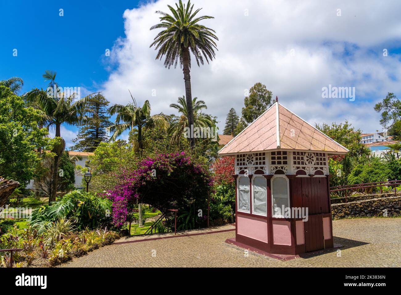 A tiny Victorian style pavilion in the Duke of Terceira Gardens, Jardim Duque da Terceira, a public formal garden in Angra do Heroismo, Terceira Island, Azores, Portugal. Stock Photo