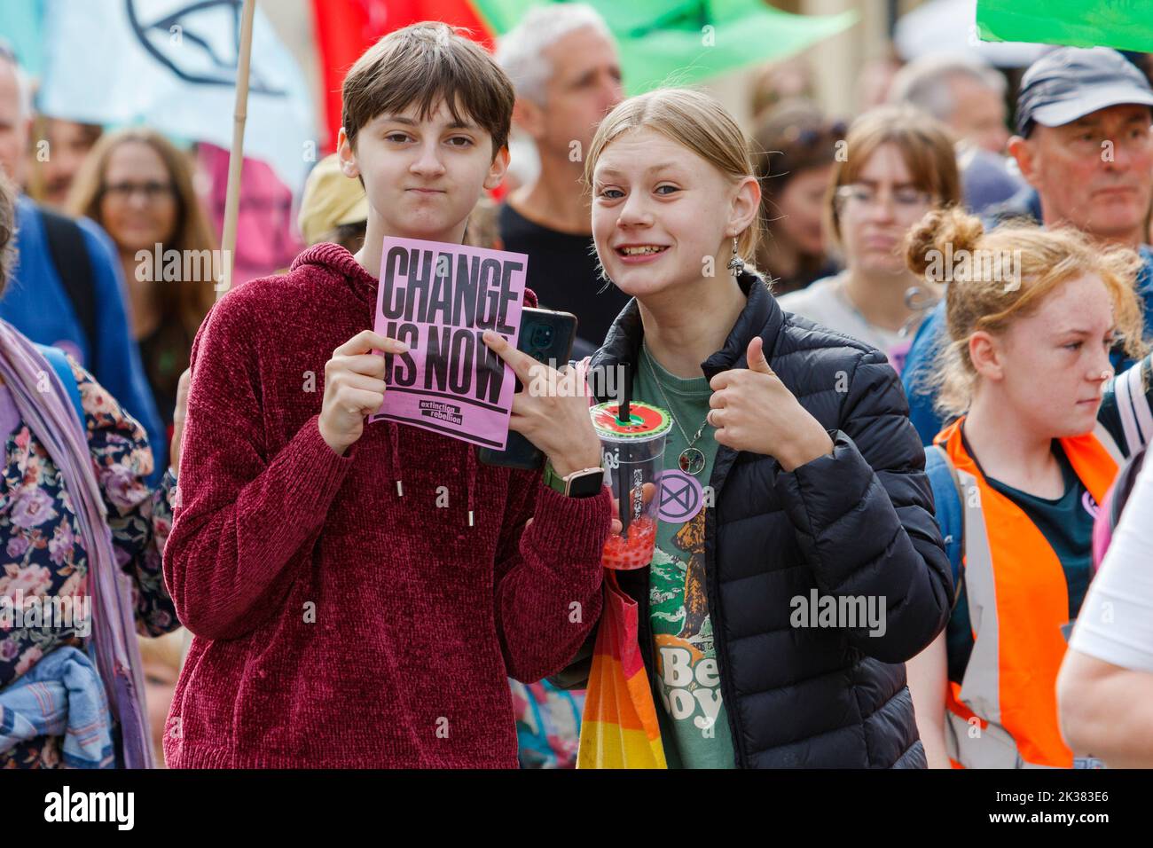 Bath, UK. 25th Sep, 2022. With PM Liz Truss signalling an acceleration of oil and gas extraction in the UK climate change protesters are pictured as they take part in a protest march through the centre of Bath. The protest organised by Extinction Rebellion was held in order to highlight how the cost of living crisis and the climate crisis are interlinked. Credit: Lynchpics/Alamy Live News Stock Photo