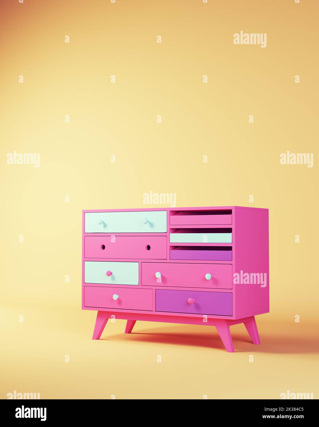 Pink Blue Chest of Drawers Dresser Household Furniture Japanese 80's Style with Yellow Beige Background 3d illustration render Stock Photo