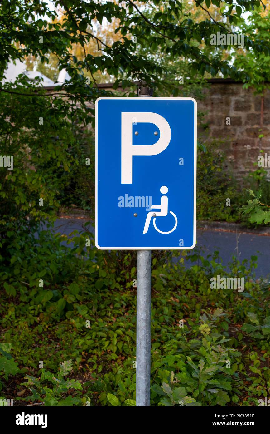 a street sign for handicap parking and trees Stock Photo