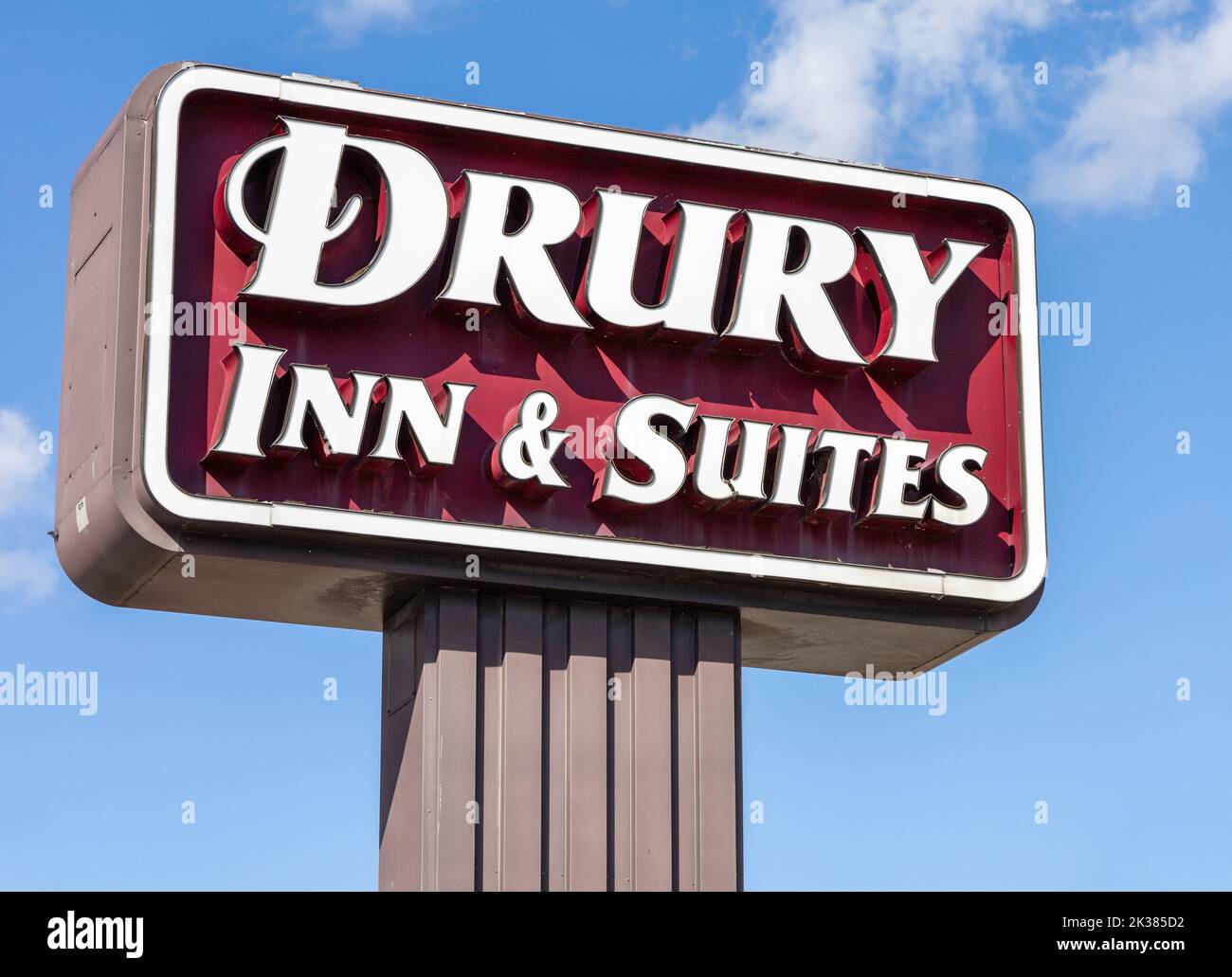 Drury Inn And Suites Hotel Sign Outside The Hotel In Frankenmuth Michigan, Drury Inn & Suites Logo Sign Stock Photo