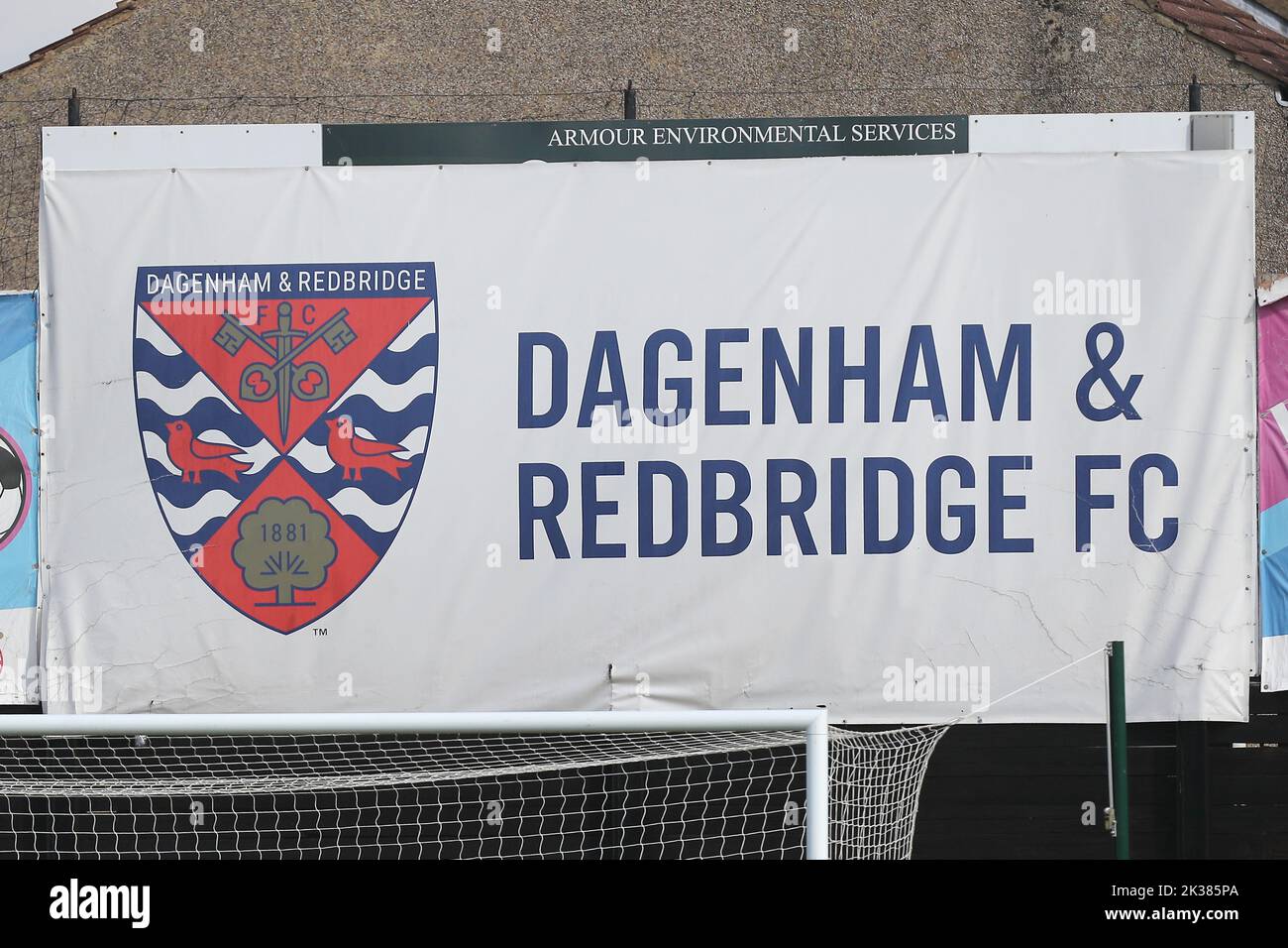 Dagenham & Redbridge banner during Dagenham & Redbridge vs Barnet, Vanarama National League Football at the Chigwell Construction Stadium on 24th Sept Stock Photo