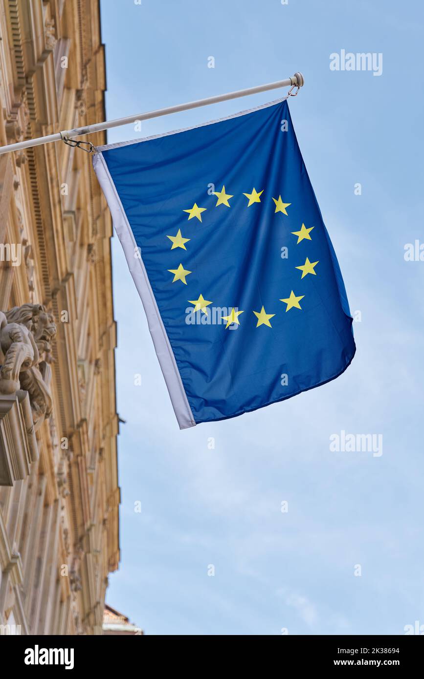 European flag on a building in the city of the European Parliament in Strasbourg, France Stock Photo