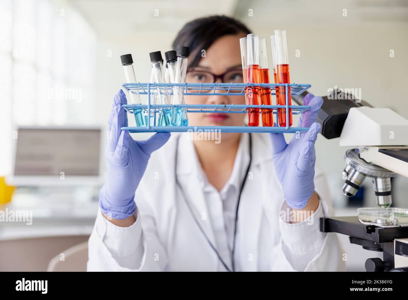 Female scientist examining liquid test tubes in laboratory Stock Photo