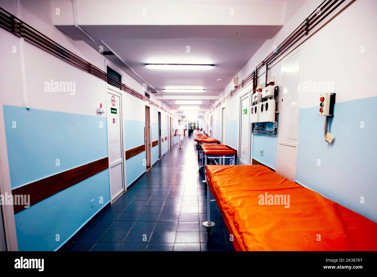 Long hospital corridor with gurneys without people Stock Photo Alamy