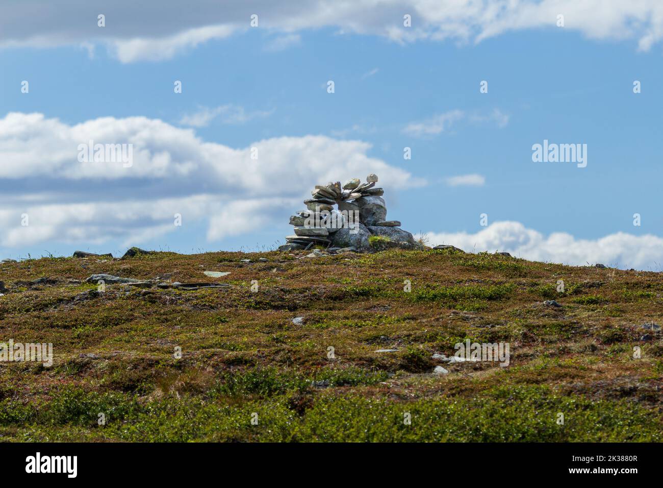 Constructed pile of rocks on top of a mountain in northern Sweden Stock ...