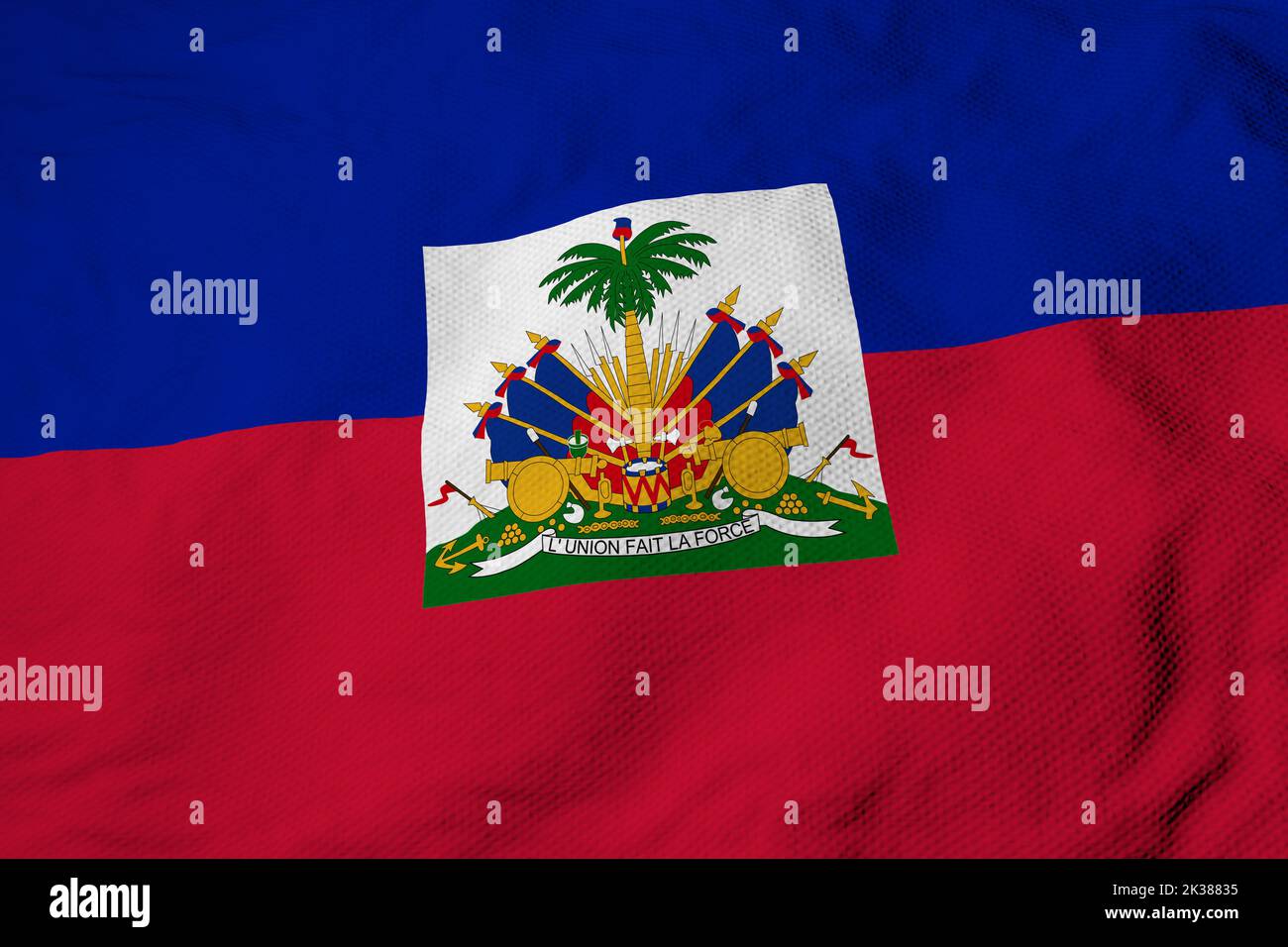 Full frame close-up on a waving Flag of Haiti in 3D rendering. Stock Photo