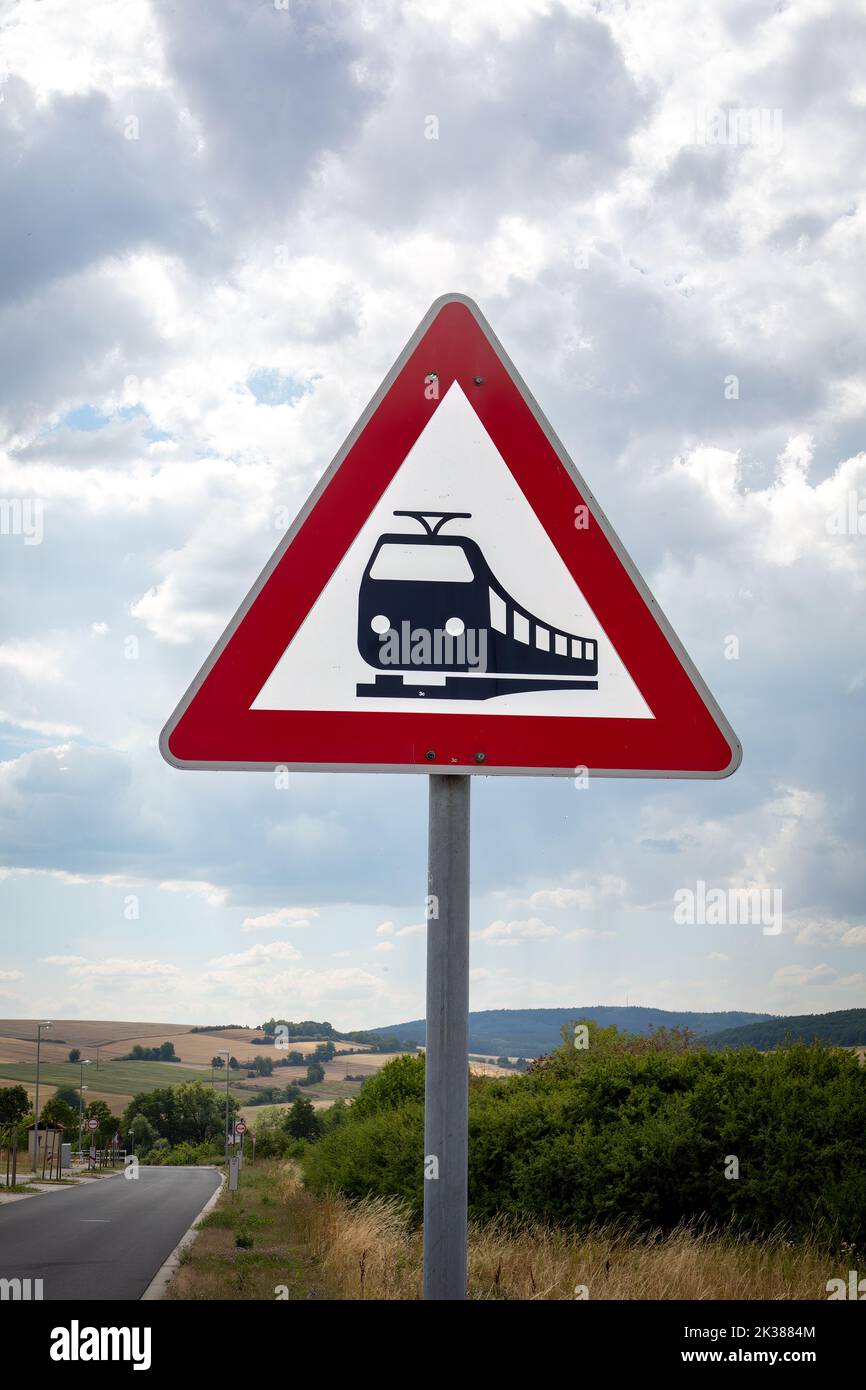 traffic sign to catious of train crossing Stock Photo
