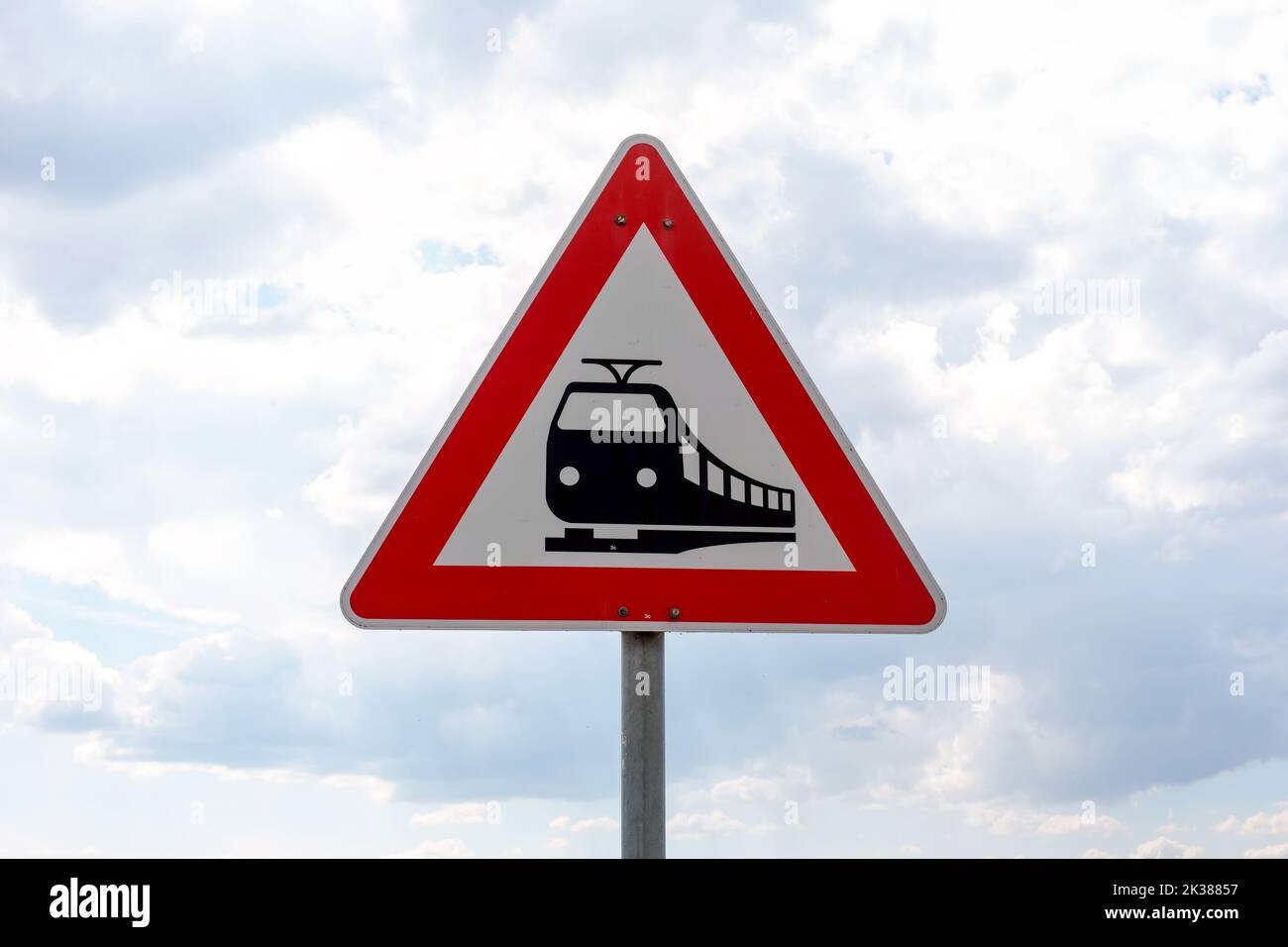 traffic sign to catious of train crossing Stock Photo