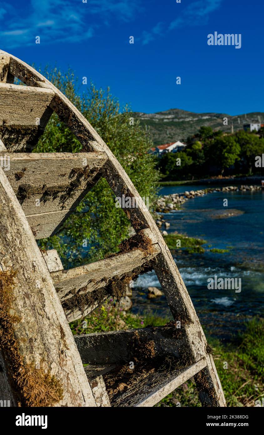 Old water wheel on the river in Trebisnjica river at Trebinje, Bosnia and Herzegovina Stock Photo