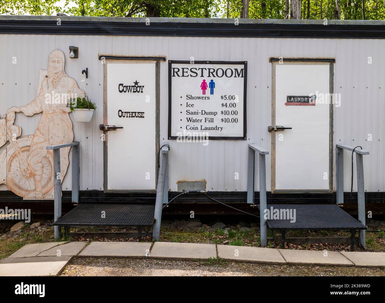 Comical outhouse & showers; Tetsa River Lodge; Fort Nelson; British Columbia; Canada Stock Photo