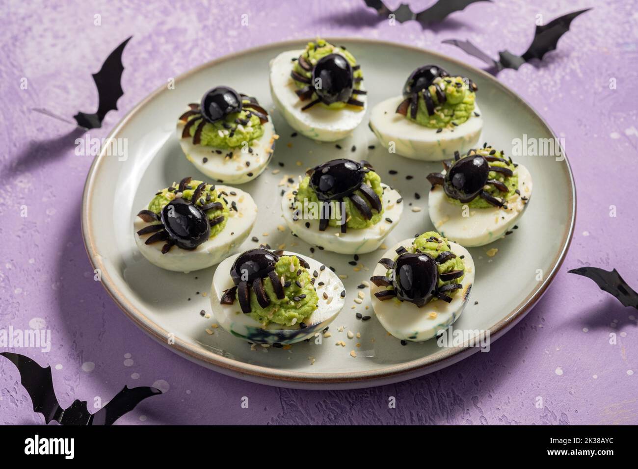 Deviled eggs with a Spider for Halloween Stock Photo
