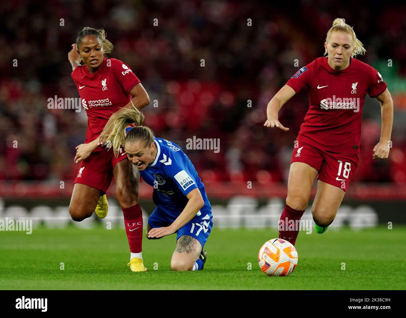 Liverpool's Taylor Hinds battles with Everton’s Lucy Graham during the Barclays Women's Super League match at Anfield, Liverpool. Picture date: Saturday September 24, 2022. Stock Photo