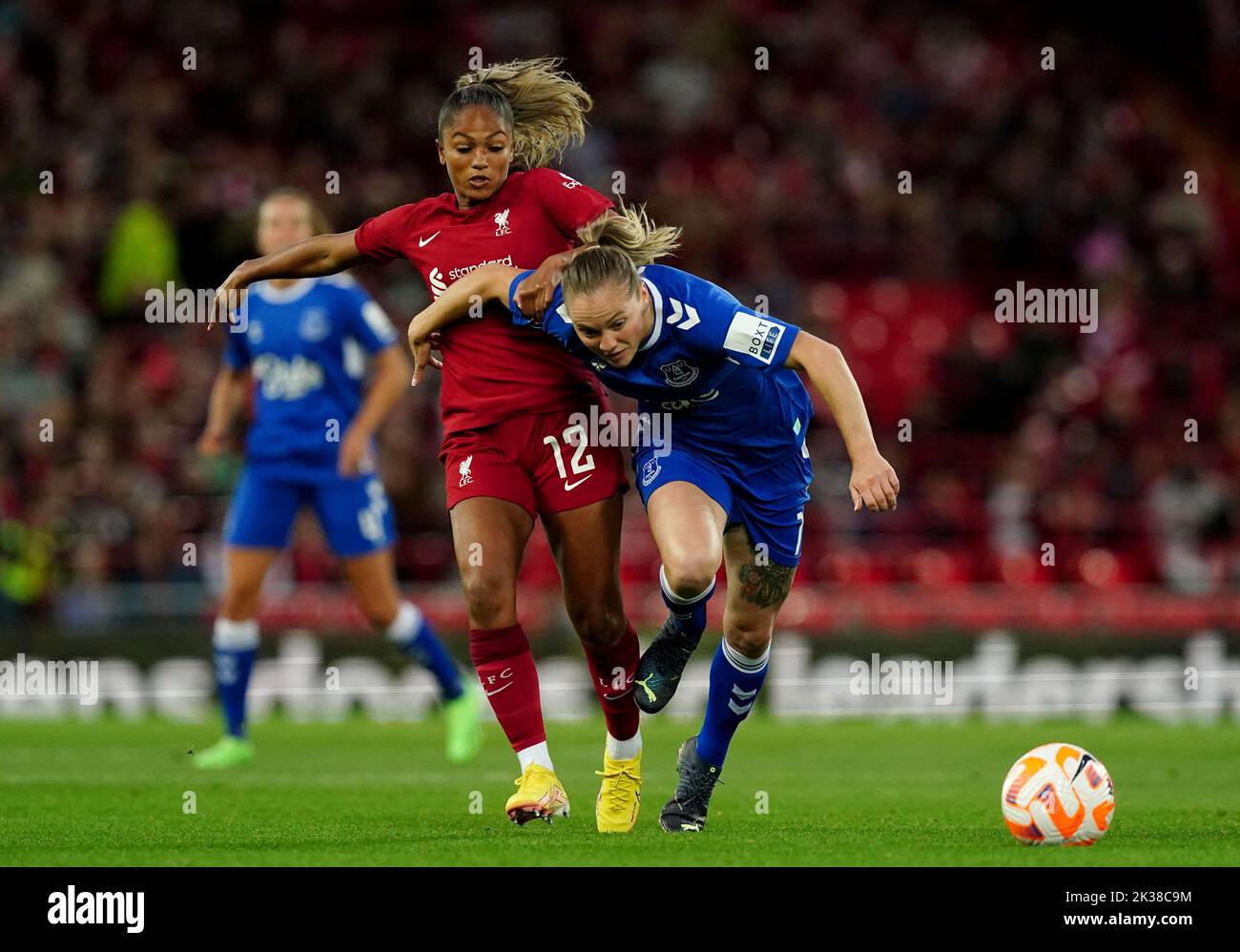 Liverpool's Taylor Hinds battles with Everton’s Lucy Graham during the Barclays Women's Super League match at Anfield, Liverpool. Picture date: Saturday September 24, 2022. Stock Photo