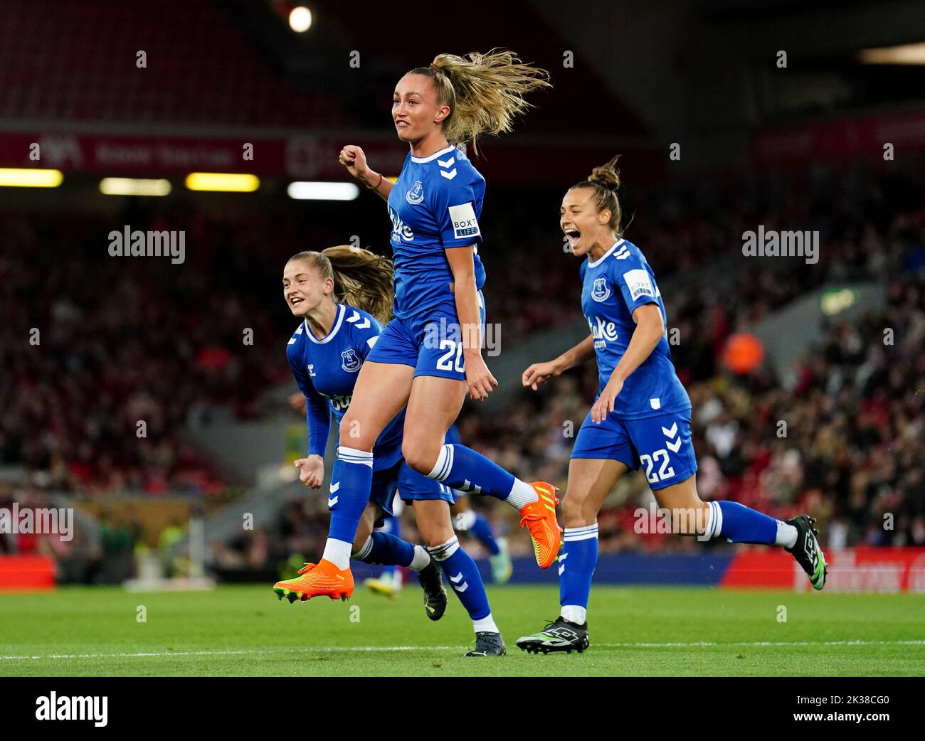 Everton’s Megan Finnigan celebrates scoring her sides first goal during the Barclays Women's Super League match at Anfield, Liverpool. Picture date: Saturday September 24, 2022. Stock Photo