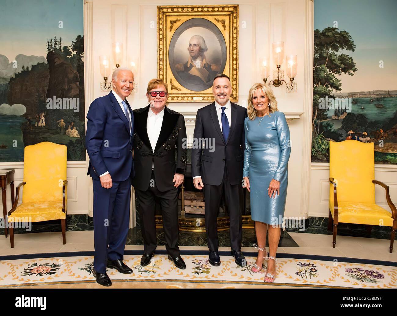 US President Joe Biden and First Lady Jill Biden welcomed Elton John and his partner David Furnish to the White House to receive the National Humanities Medal for his contribution to music and the work through @EJAF to end HIV/AIDS. White House Photo Stock Photo