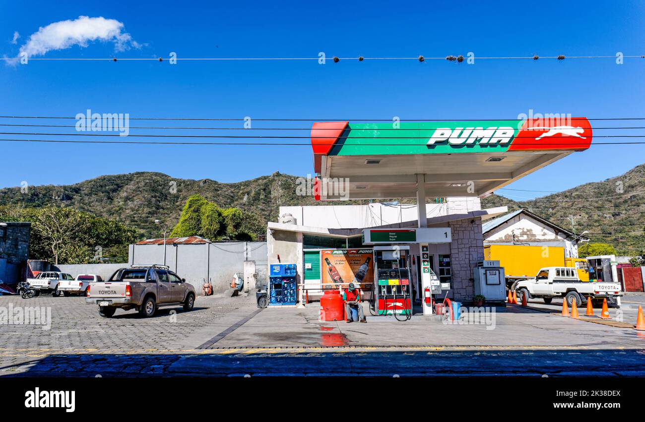 Cloud echos Puma gas station image on a bright day in Jinotega, Nicaragua Stock Photo