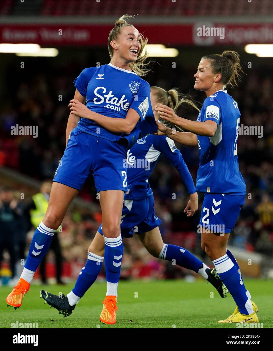 Everton’s Megan Finnigan celebrates scoring her sides first goal during the Barclays Women's Super League match at Anfield, Liverpool. Picture date: Saturday September 24, 2022. Stock Photo
