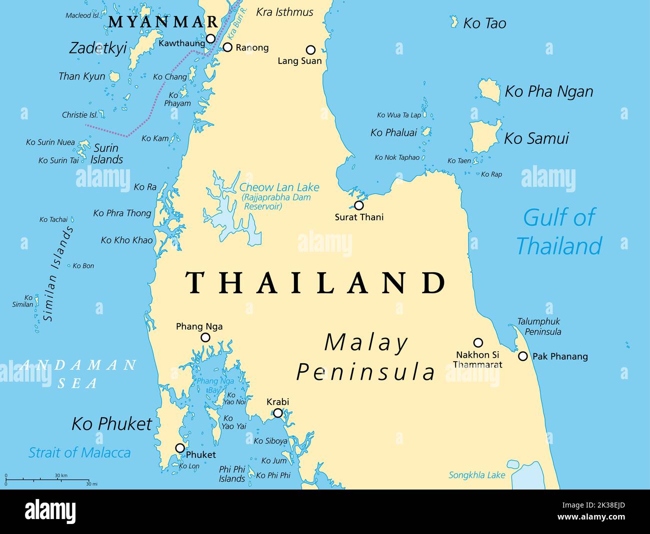 Thailand political map, from Ko Tao and Ko Samui to Phuket and Phi Phi Islands. Travel destinations west and east of Malay Peninsula. Stock Photo