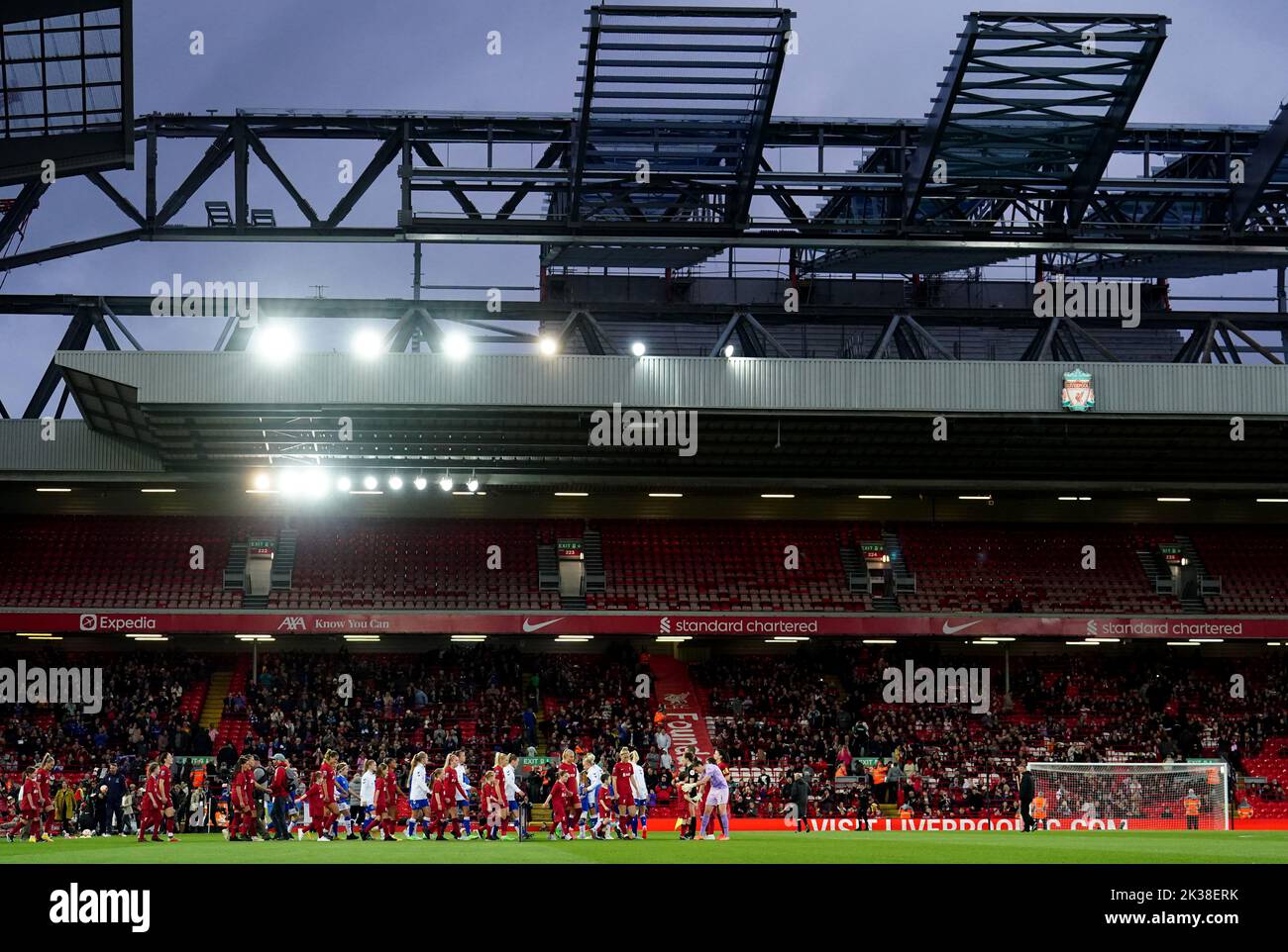 General view as the players walk onto the pitch ahead of during the Barclays Women's Super League match at Anfield, Liverpool. Picture date: Saturday September 24, 2022. Stock Photo