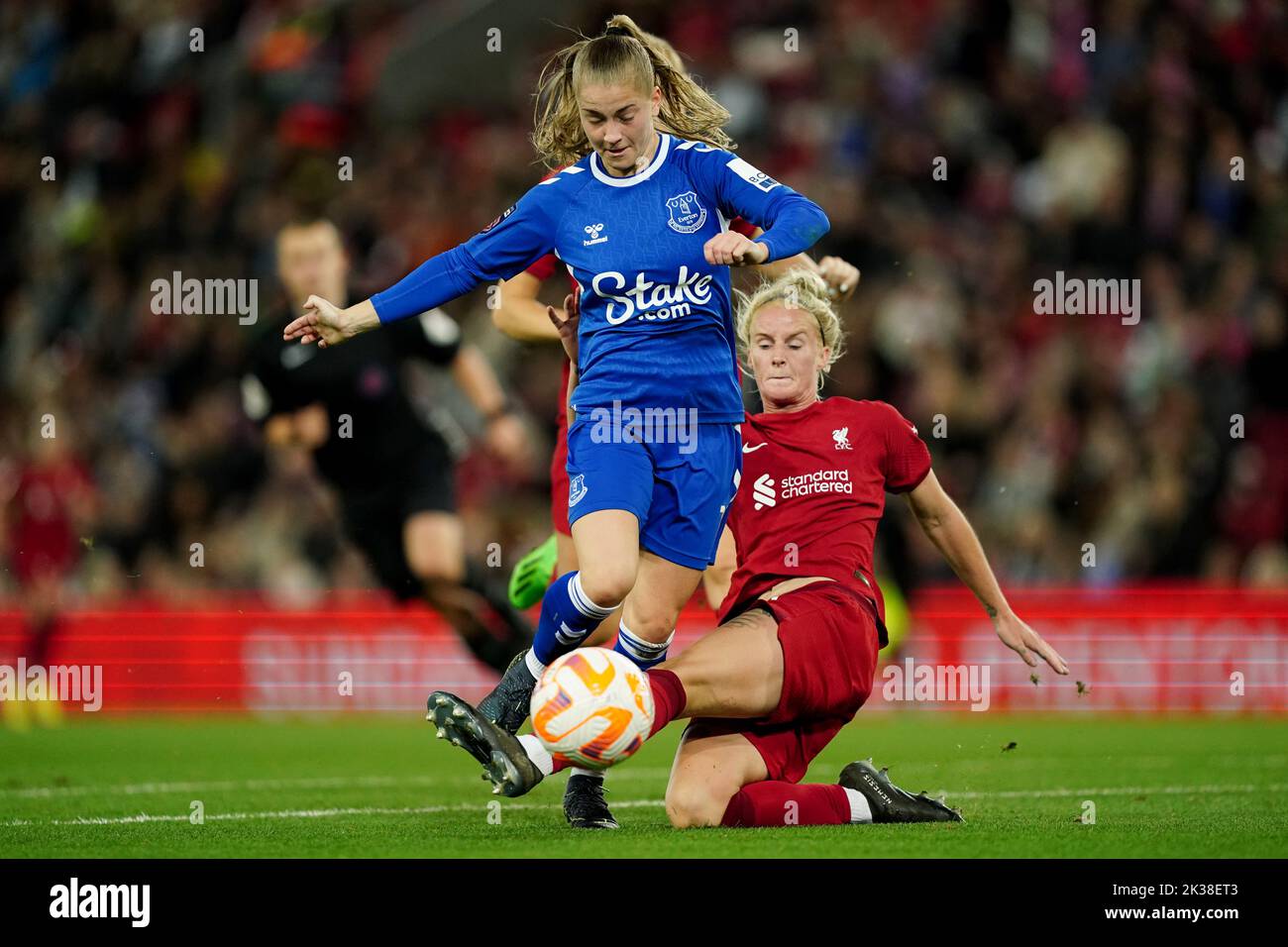 Everton’s Jess Park is tackled by Liverpool's Jasmine Matthews during the Barclays Women's Super League match at Anfield, Liverpool. Picture date: Saturday September 24, 2022. Stock Photo