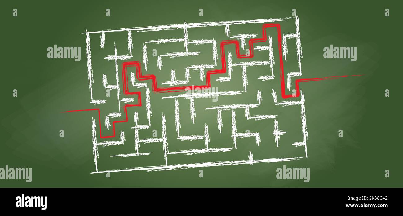 Education logic, School board green chalkboard and labyrinth maze