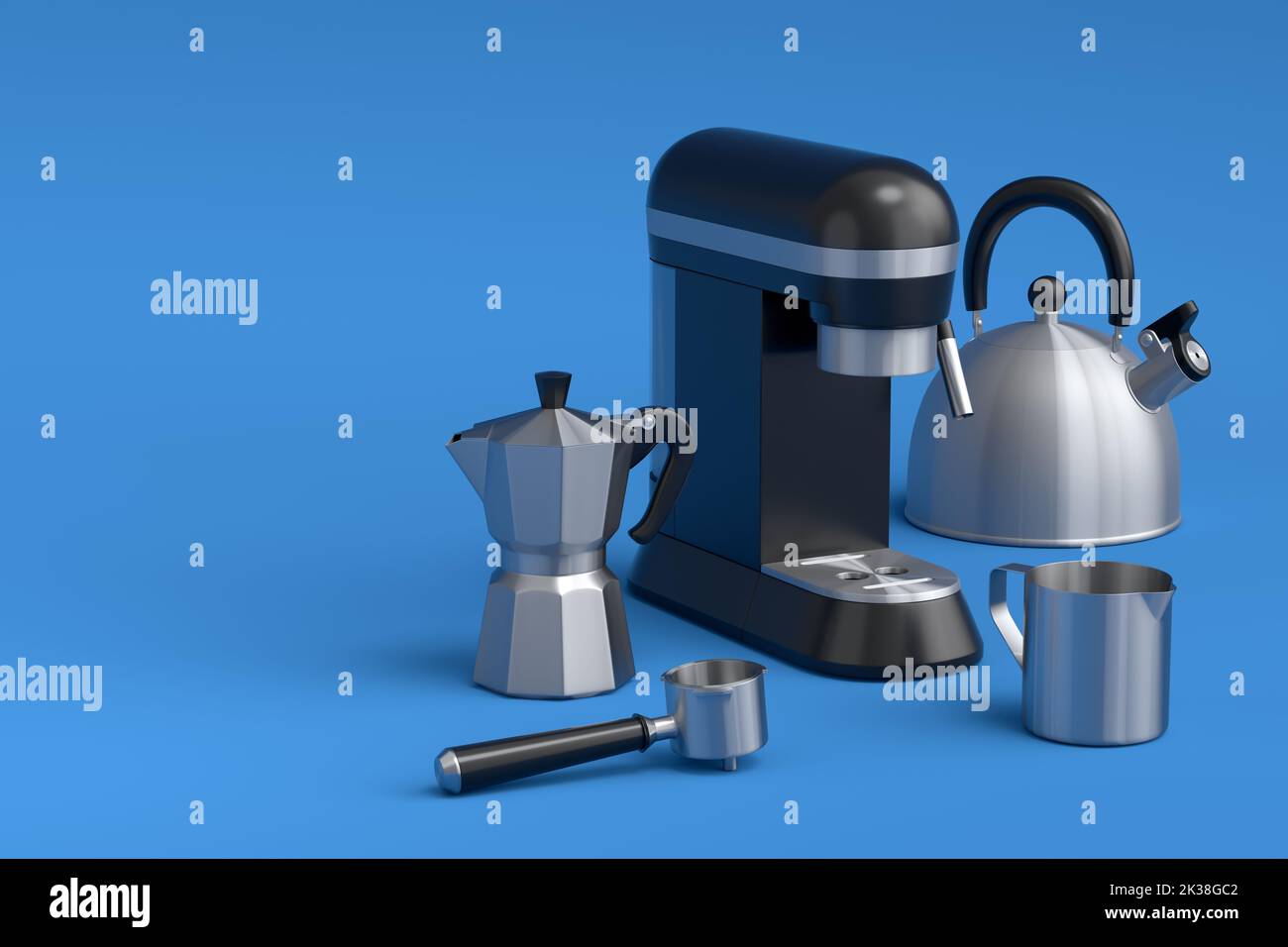 Espresso coffee machine, kettle with horn and geyser coffee maker for