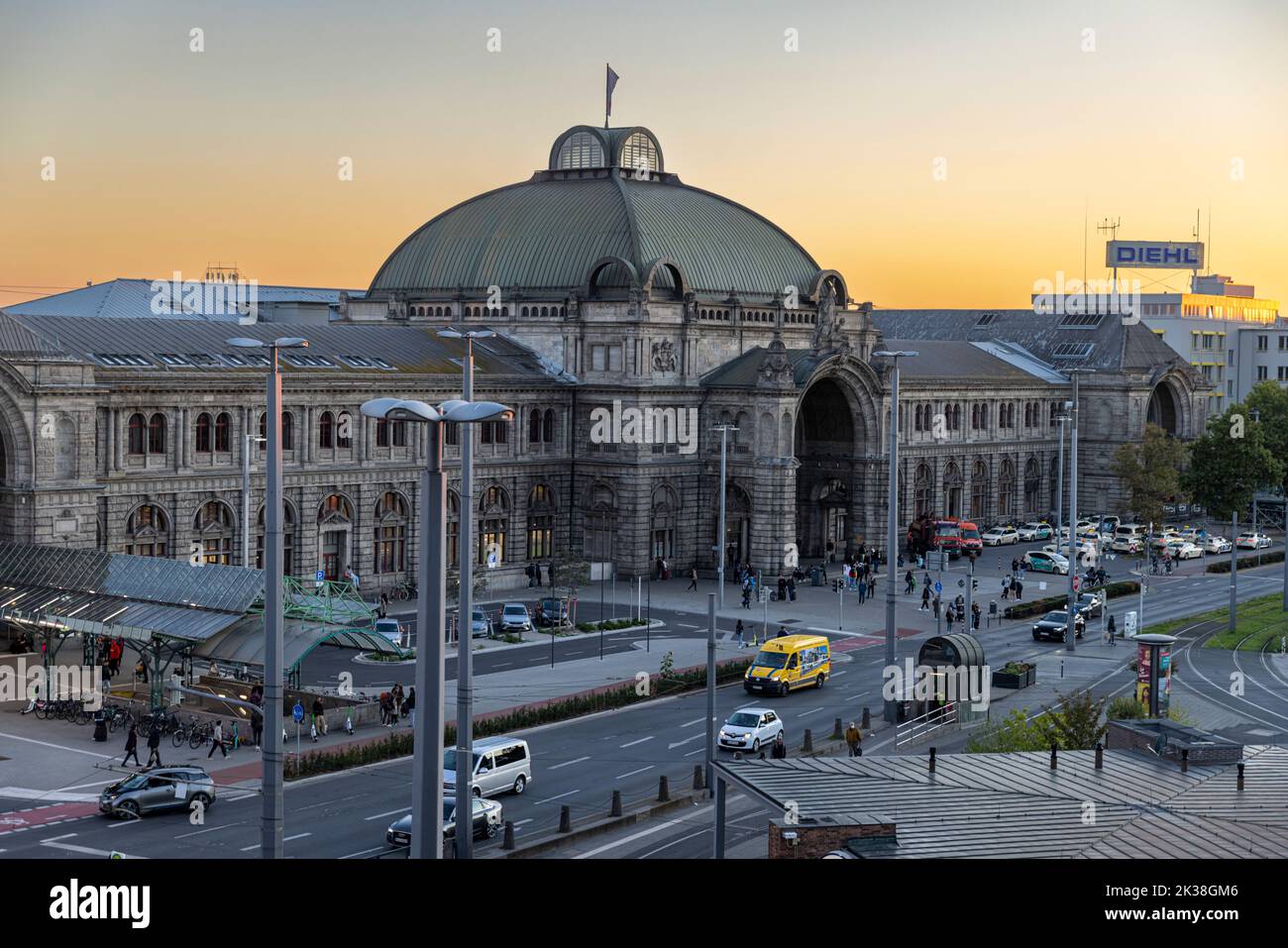 Neo-Gothic style railway station in Nuremberg on an autumn evening Stock Photo