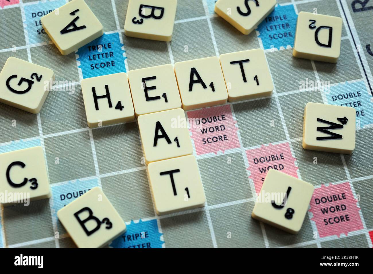 LETTER GAME TILES SPELLING HEAT/EAT RE COST OF LIVING CRISIS INCOMES BENEFITS HOUSEHOLD BUDGETS ETC UK Stock Photo
