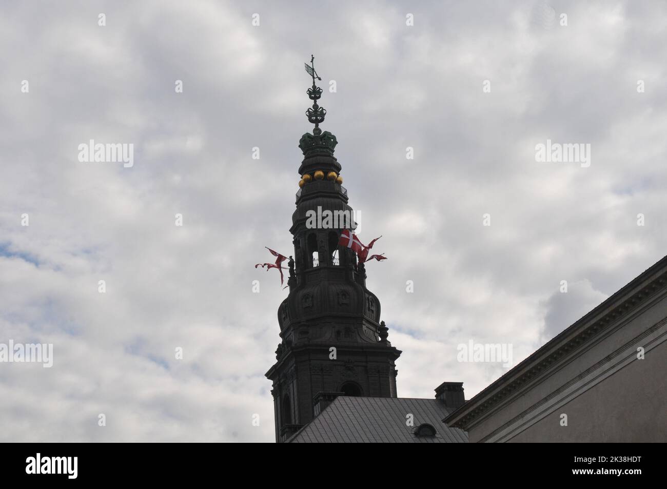 Copenahgen /Denmark/25 Septemeber2022/Dannebrogs or danish flags fly over danish parliament Christiansborg castle in danish capital.  (Photo. Francis Joseph Dean/Dean Pictures. Stock Photo
