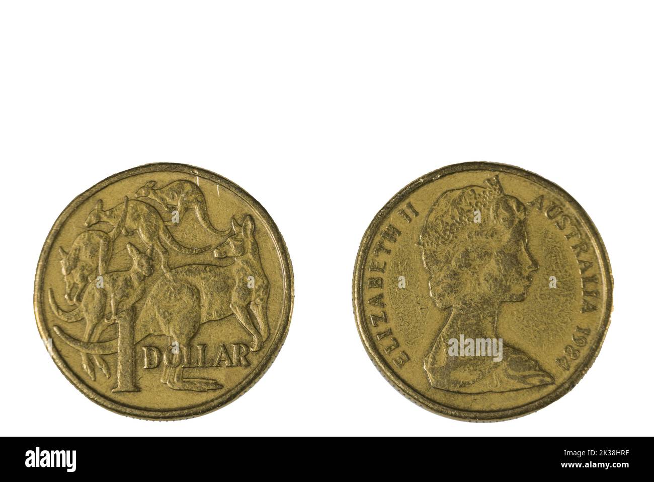 Close up view of front and back side of one dollar Australian coin dated 1988. Numismatic concept. Stock Photo