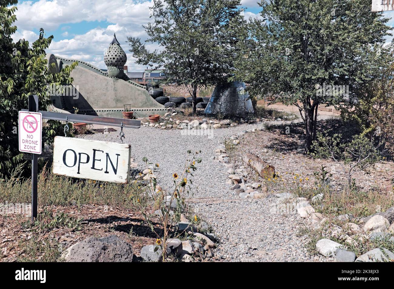 Earthship Biotecture is the product of many years of purpose sustainable living, learning, and building.  This community is in Tres Piedras, NM. Stock Photo