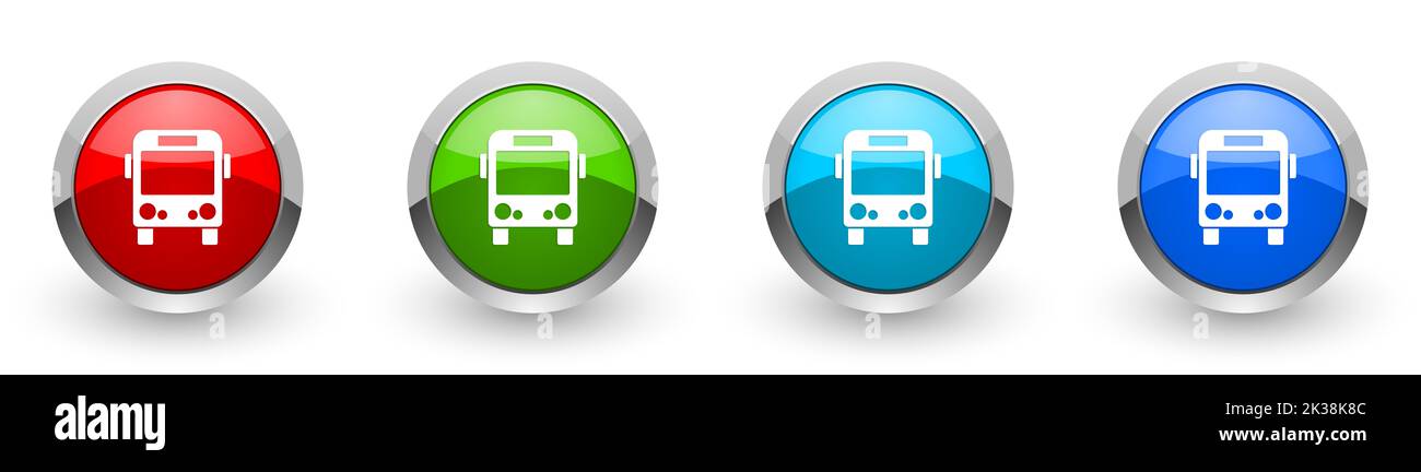 Bus, travel web icons, set of silver metallic round buttons isolated on white background Stock Photo
