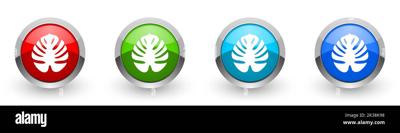 Tropical plant web icons, set of silver metallic round buttons isolated on white background Stock Photo