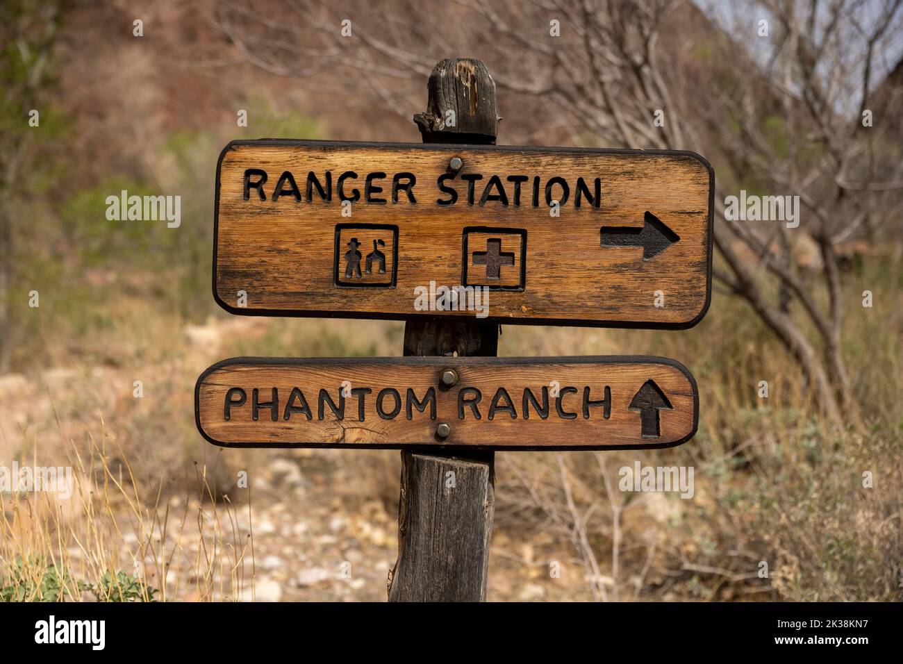 Sign For Ranger Station and Phantom Ranch in Grand Canyon National Park Stock Photo