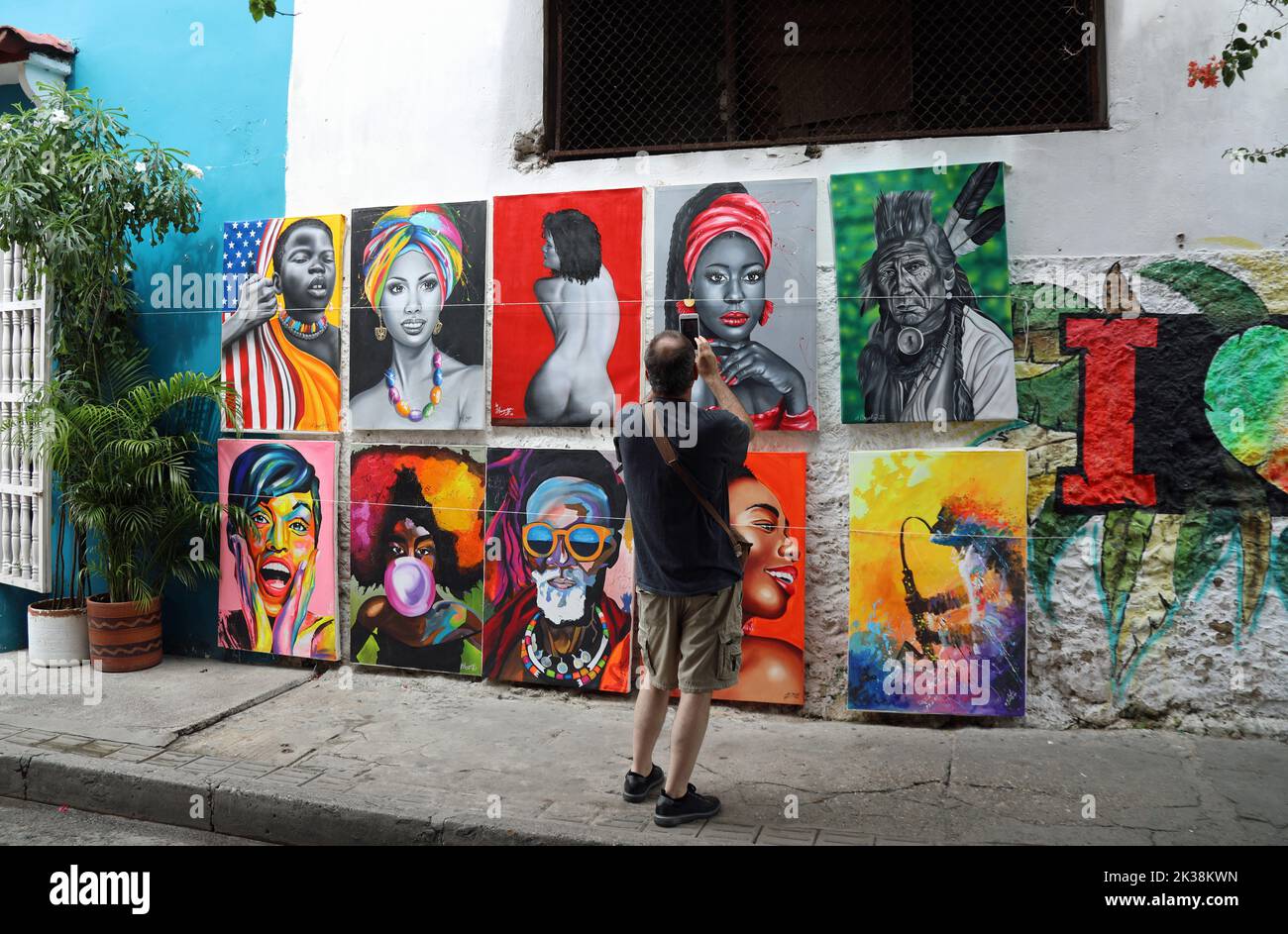Artworks displayed on the streets of Cartagena in Colombia Stock Photo